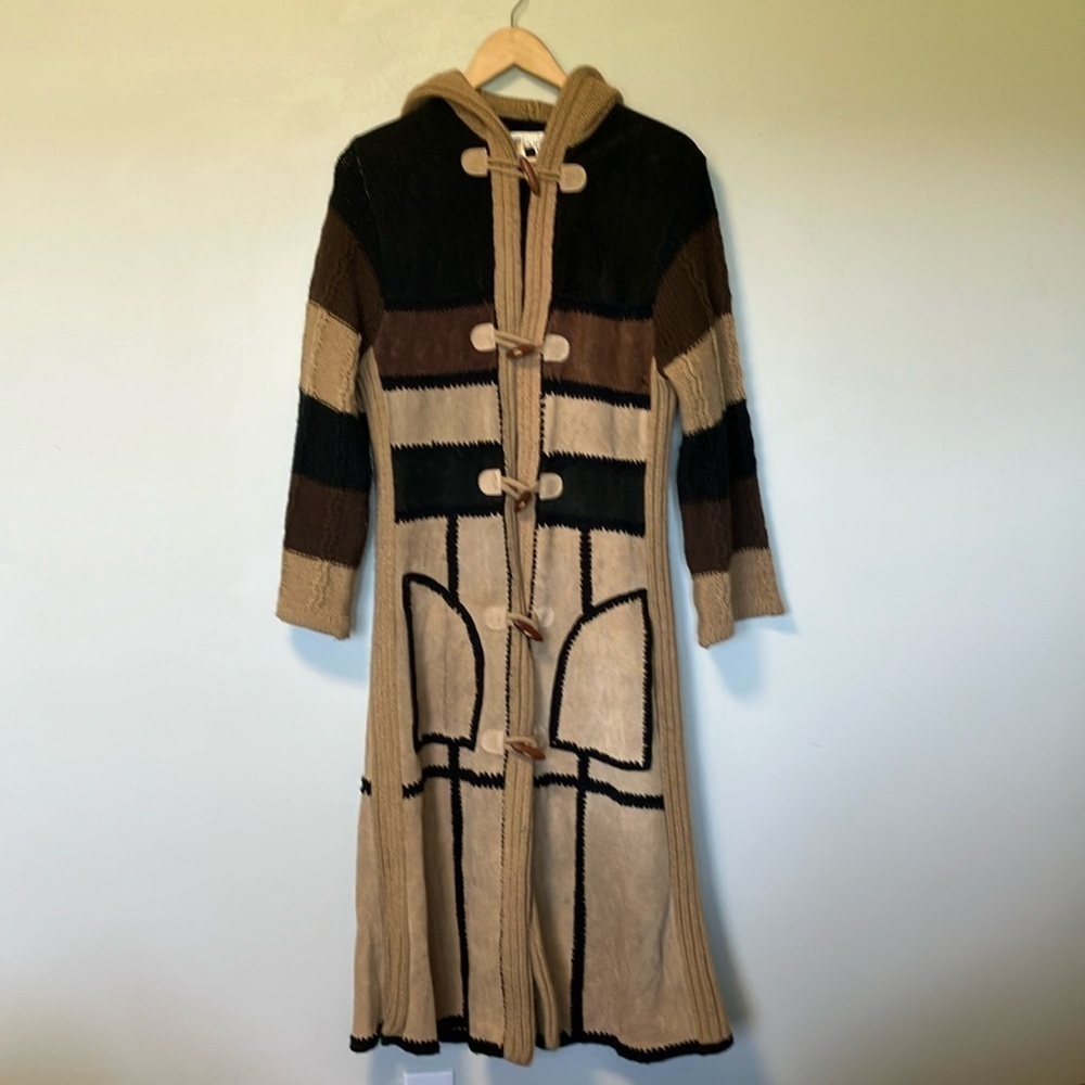 Le soleil vintage Colorblock maxi Long Knit Suede Patchwork Cardigan with Hood